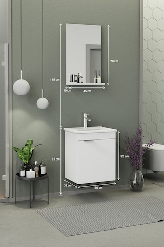 Biani Fix Arya Slım 50 Cm Banyo Dolabı,Seramik Lavabolu, Aynalı,Lavabo Dahil,Mdf,Mat Beyaz