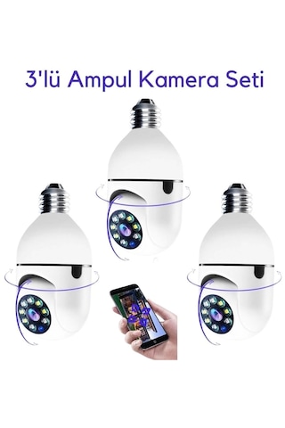 3 Lü Kamera Seti Wifi 360 Derece Panoramik Ampul Kamera Güvenlik Kamerası Gece Görüşlü Sesli