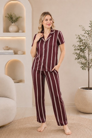 Wordex Mirano 4868 Dijital Baskı Kumaş Düğmeli Kısa Kolu Çizgili Kadın Pijama Takımı Kahverengi