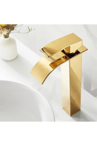 Rena Design Mat Gold Çanak Lavabo Bataryasi Oval Çikiş Yüksek Havza Model Uzun Çift Giriş Altin Musluk Banyo Mat Altın