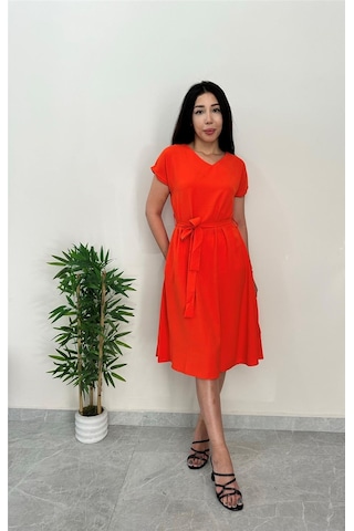 Simli Moda Kemer Detaylı Turuncu Elbise Turuncu
