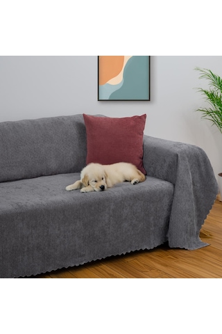 Jakarlı Şönil Koltuk Örtüsü Çekyat Örtüsü Koltuk Şalı 175x350 Kaymaz Gri Gri