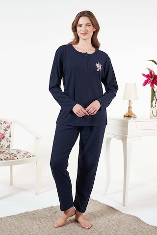 Remsa Kadın İnterlok Şardonlu Fitilli Pijama Takımı 25330 Lacivert Lacivert