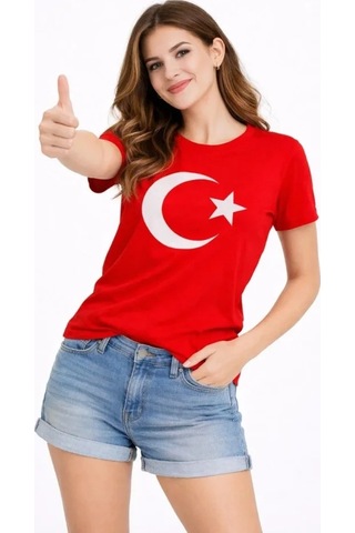 Valensdesign T-shirt Kısa Kol Bisiklet Yaka Ay Yıldız Bayrak Baskılı Tişört - Kırmızı