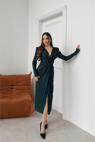 Neşeli Butik Kadın Yeşil Anvelop Büzgülü Simli Premium Midi Elbise Nbelb08 Yeşil