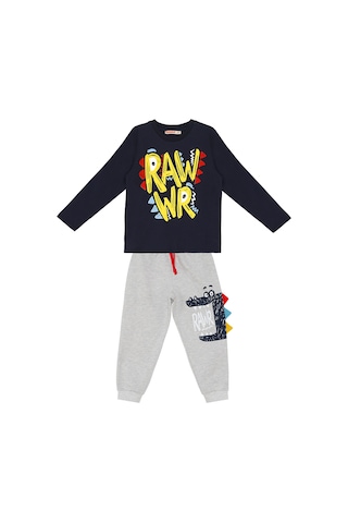 Erkek Çocuk Kışlık Dinozor Desenli Pamuklu Lacivert Uzun Kollu 2 Parça T-Shirt Pantolon Takımı 2-8 Yaş