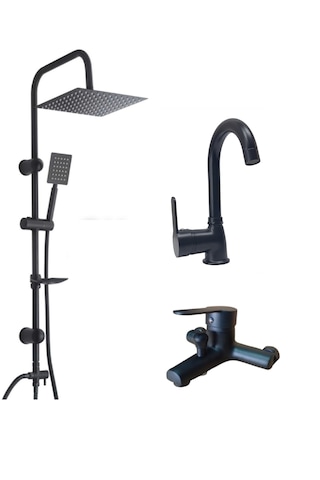 Faumix St56 Siyah Banyo Lavabo Bataryası Yağmurlama Duş Seti Siyah
