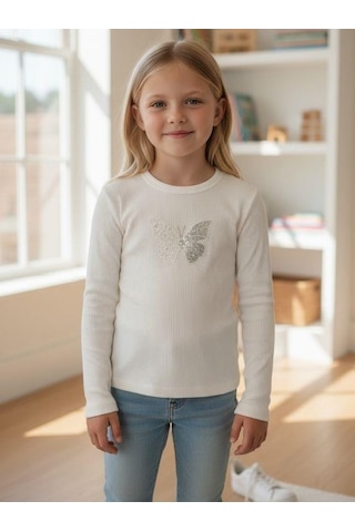 Zekids Kız Çocuk Boncuklu Kelebek İşlemeli Fitilli Uzun Kollu T-shirt-16380 Ekru