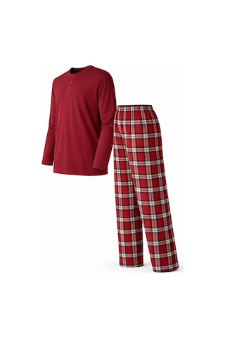 Mutlu City Erkek Mevsimlik Uzun Kollu 3 Düğmeli Ekose Alt Pijama Takımı 16649 Bordo