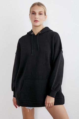 Meecy Kadın Siyah Kapüşonlu Kanguru Cepli Sweatshirt Siyah Siyah