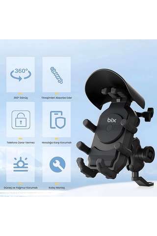 Ceylan Adam Ayna Bağlantılı Güneş Ve Yağmur Korumalı 360 Derece Ayarlanabilir Motosiklet Telefon Tu