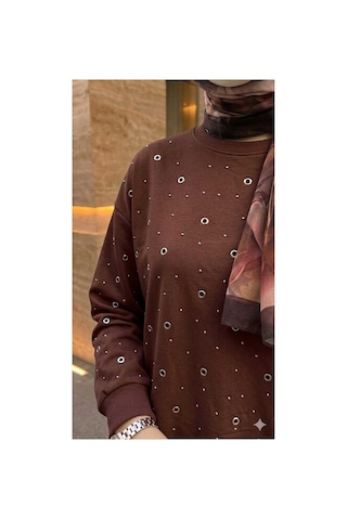 Butik Kadın Taş İşlemeli Gunlük Tesettür Sweatshirt Tunik Kahverengi Sweatshirt Kahverengi Sweatshirt