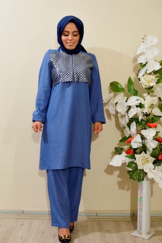 Deryam Tekstil Kadın Sofya Keten Tunik Pantolon Takımı Mavi 50 Beden Mavi