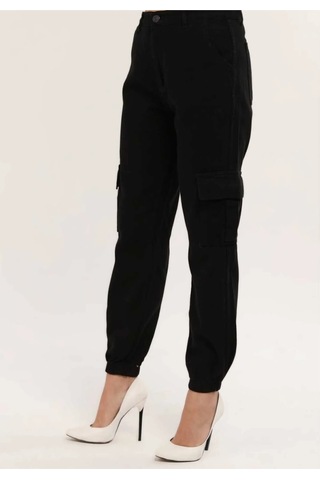 Kene Jeans Paça Lastik Kargo Cep Keten Mom Pantolon Siyah