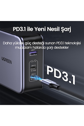 Ugreen Nexode 140W USB Type-C QC 4.0 PD 3.1 GaN 3 Portlu Hızlı Şarj Cihazı
