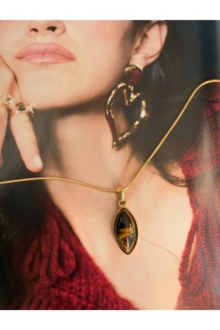 Oval Kahverengi Taşlı Kararmaz Çelik Kadın Gold Kolye Modern Ve Altın