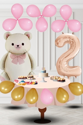 2 Yaş Retro Folyo Krem Ayıcık Pembe Gold Balon Rose Gold Rakam Doğum Günü Süsleme KREM