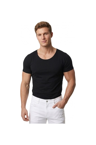 Deepsea Erkek Siyah Geniş Yaka Likralı Tişört Oval Yaka Slim Fit Eteği Oval Açık Yaka T-shirt 1801199 Siyah