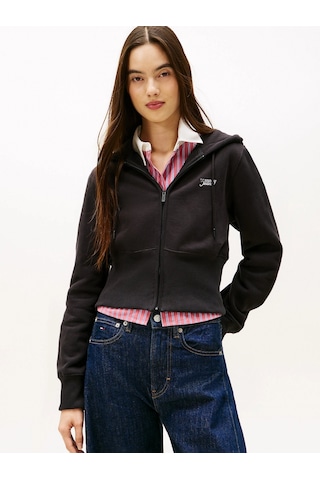 Tommy Hilfiger Tjw Normal Kesim Gümüş Yazılı Boydan Fermuarlı Kadın Siyah Sweatshirt Dw0dw21943bds Siyah