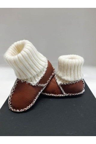 Xmlbayiciniz Lona Sanat Bebek Unisex Organik Kuzu Derisi İlk Adım Ayakkabısı Panduf Patik - Ng3001 Kahverengi 12-18 Ay Siyah - Beyaz