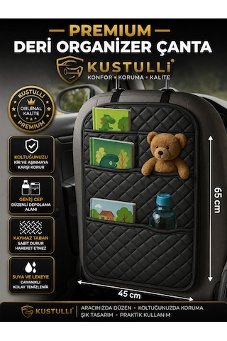 Kustulli Koltuk Arkası Deri Organizer Çok Cepli Düzenleyici Çanta Siyah