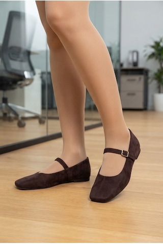 Shoetek Argus Kadın Babet Dolgu Topuklu Bantlı Tokalı Kahverengi Süet Kahve
