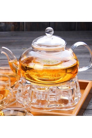 Borosilikat Cam Kapaklı Cam Süzgeçli Demlik Ve Cam Isıtıcı 1000ml Şeffaf