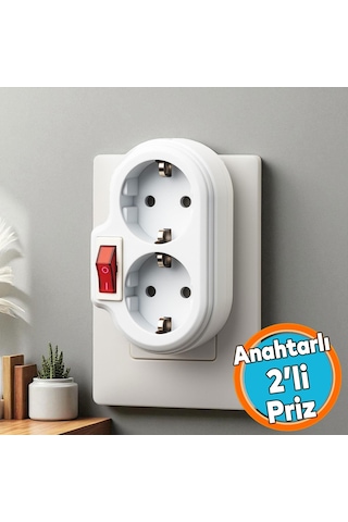 Grup Priz Kablosuz Açma Kapamalı Anahtarlı 2'li Beyaz Grup Priz Golyat Düğmeli Fiş Topraklı Çoklu