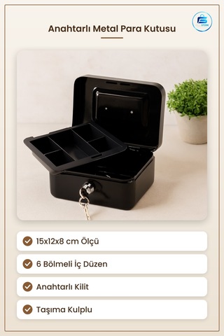 Kasa Anahtarlı Metal Para Kutusu 15x12x8 Cm 6 Bölmeli Taşıma Kulp