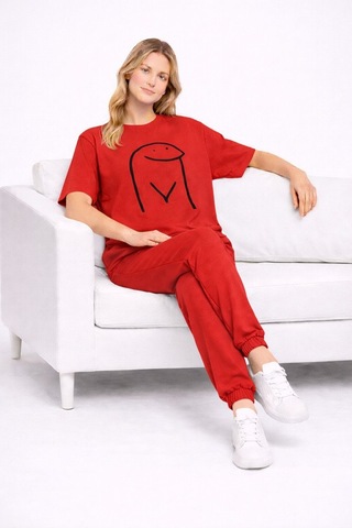 Sevgili Kombini Çift Tişört Oversize Unisex Matching Couple Minim Kırmızı