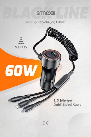 Black Line 60w Araç İçi Şarj Aleti, 5 Port, Spiral Kablolu, Type-c Micro Usb Lightning Uyumlu Siyah
