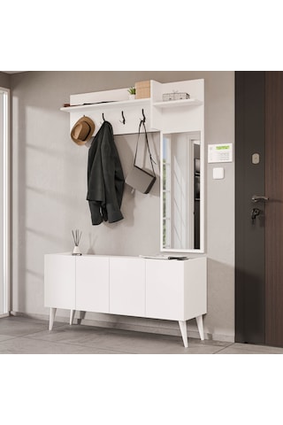 5065 Theo 4 Kapaklı 6 Raflı 4 Askılı Sağ Aynalı Portmanto Beyaz