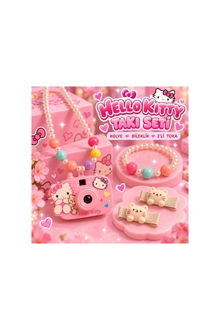 Hello Kitty Fotoğraf Makinesi Kolye Bileklik 2 Li Kedi Figürlü Çocuk Toka Takı Seti