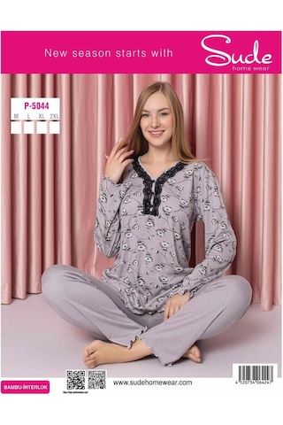 Sude Kadın Bambu İnterlok Uzun Kol Yakası Nakışlı V Yaka Pijama Takımı P5044 - 1 Adet 001