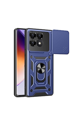 Xiaomi Poco F6 Pro Kılıf Magnetik Standlı Kamera Korumalı Zore Sürgülü Vega Kapak Mavi