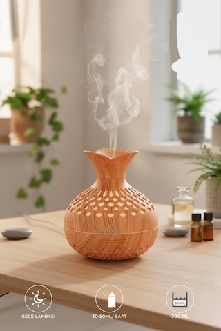 H15 Ahşap Led Işıklı 300ml Sessiz Ultrasonik Flower Hava Nemlendirici (İthalatçı Garantili)