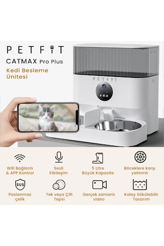 Petfit Catmax Pro Plus 5l Wi-fi Kameralı Çift Kase Akıllı Otomatik Kedi Köpek Mama Kabı Besleme Ünitesi Sesli Komut+çelik Kase+app Kontrol
