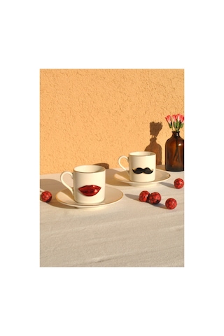 2 Kişilik Porselen Gold Yaldızlı Love Kahve Fincanı 90 Ml Dudak Bıyık Hediyelik