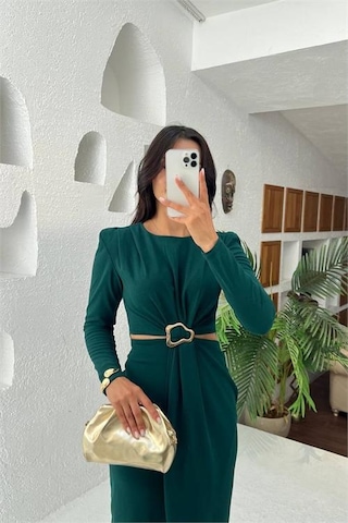 Neşeli Butik Kadın Bel Dekolteli Toka Detaylı Uzun Kollu Elbise Nbmy3655 Yeşil