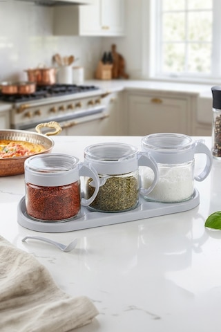 3'lü Standlı Kaşıklı Cam Baharatlık Seti 300 Ml Gri