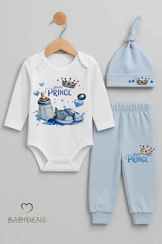 Babyden's Little Prince 3 Lü Erkek Bebek Takımı Uzun Kollu %100 Pamuk Body, Pantolon Ve Şapka Seti Mavi Açık Mavi