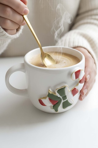 Rivaistanbul Şeker Baston Amore 24 K Altın Süslemeli El Yapımı Yılbaşı Hediyesi Seramik Double Kahve Fincanı, Mug, Kupa Çok Renkli
