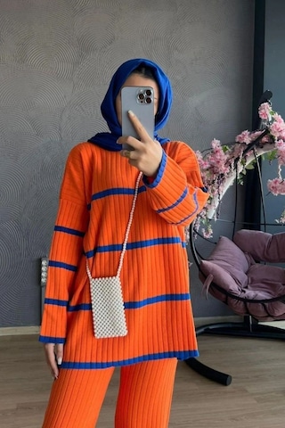 De Pose Iki Renkli Mevsimlik Ince Kumaş Triko Takım turuncu