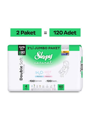 Sleepy Natural Double Soft Avantajlı Mega Paket Bebek Bezi 4 Numara Maxi 120 Adet