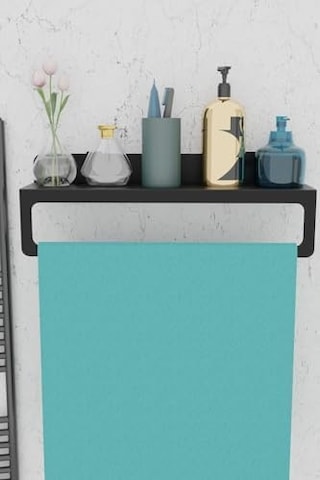 Siyah Ultra Güçlü Yapışkanlı Metal Raflı Havlu Tutucu, Raf Metal Havlu Askılığı Mt93s Siyah