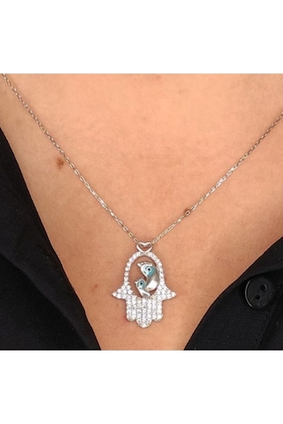 Oriental Kuyumculuk Jewellery Kadın Gümüş Mine Taşlı Fatma Eli Bebek Ayağı Kolye 925 Ayar Gümüş