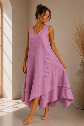 Bb Butik Basic İtalyan Keten V Yaka Asimetrik Salaş Elbise Dm0935 Pudra