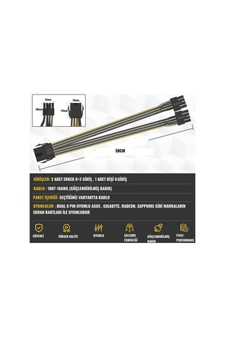 Zauss 6 Pin to 2x PCI-E (6+2) 8 Pin 50 CM Power Kablo Çoklayıcı