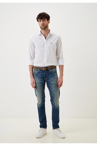 Erkek Pamuk Gömlek Beyaz Balıksırtı Desenli Slim Fit Düğmeli Yakalı Logo Detaylı Gömlek Ncs Jeans 7279-beyaz Beyaz