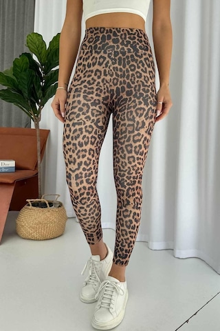 Leopar Desen İçi Şardonlu Kadın Toparlayıcı Tayt - Kahverengi Kahverengi